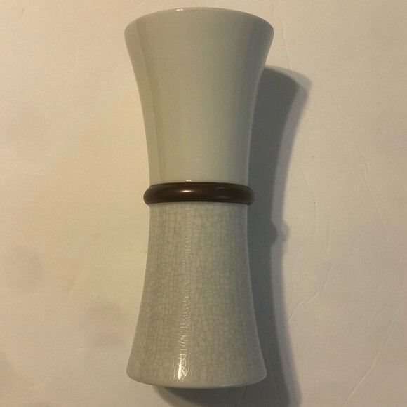 DANSK NIB Metallise Bud Vase 7.25" White Bronze Brown Band Crackle Flowers - Picture 6 of 10